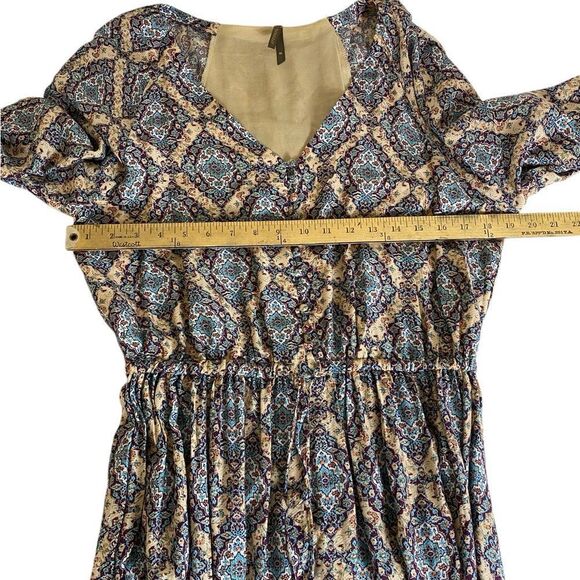 Stetson long dress M blue Tan beige pattern V neck lightweight summer spring - Picture 6 of 8